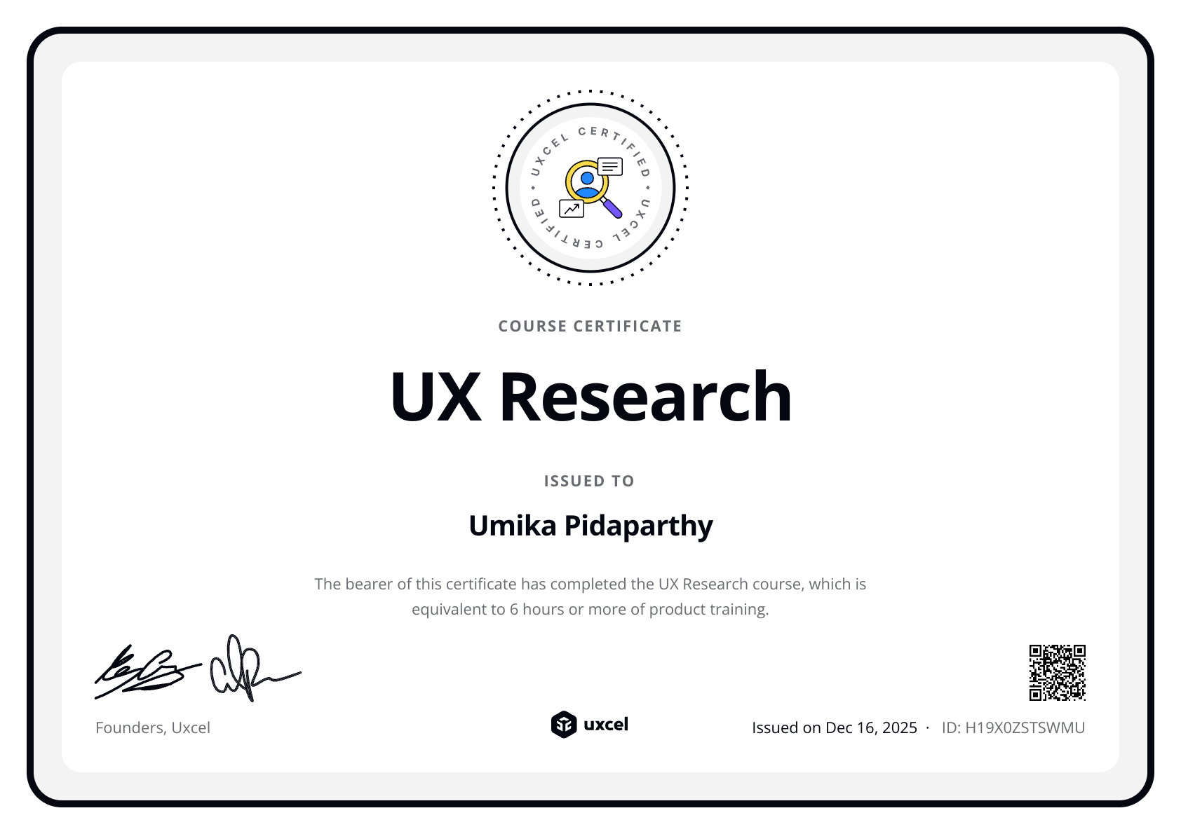 Umika Pidaparthy's certificate